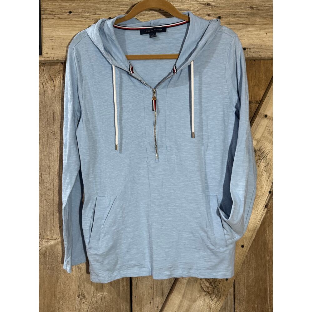 Vintage Tommy Hilfiger Women's Size L Baby Blue Lightweight 1/4 Zip Sweatshirt